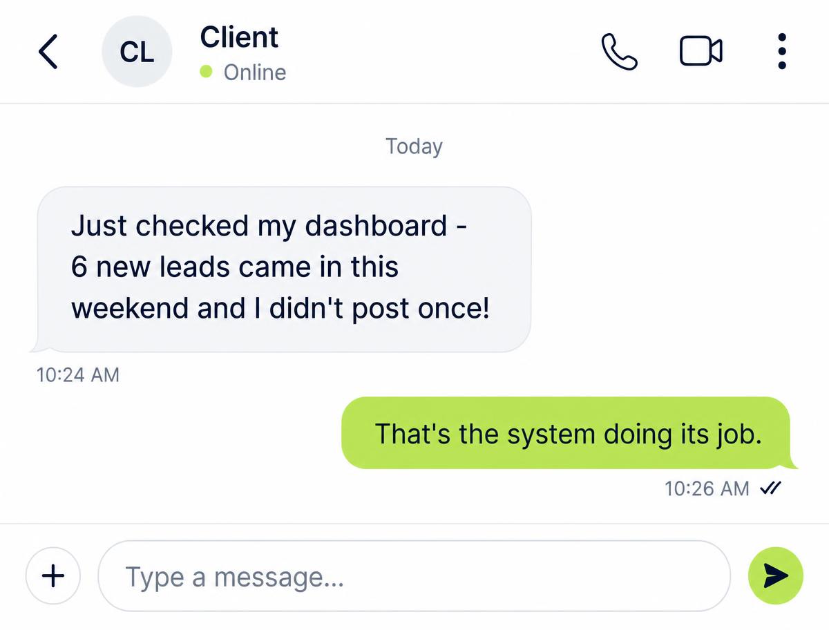 Client message saying new leads came in over the weekend without posting